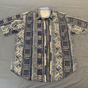 Vintage Bugle Boy Shirt Mens Large Tribal Print Button Up 90s Ramie Cotton
